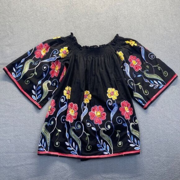 FERATILLI Black Floral Embroidered Off Shoulder Peasant Tunic Cotton Blouse Sz S - Picture 3 of 11